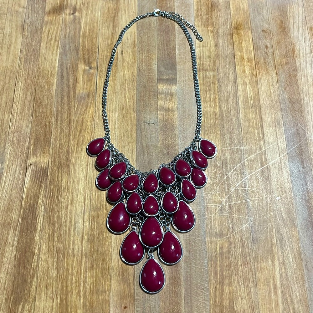 Paparazzi Silver & Maroon Burgundy Red Multilayer Necklace, Bib Style